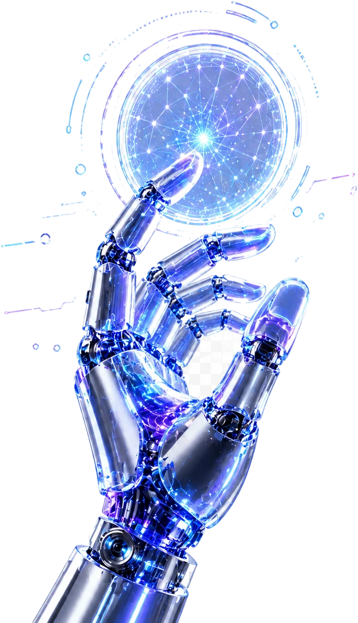 Mão robótica tocando uma esfera de rede neural luminosa